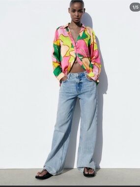 Zara Pink Green Yellow Floral Print Button-Up Blouse